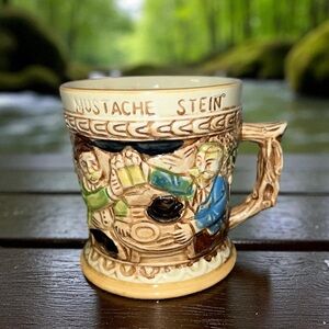 Vintage Rare Mustache Stein Mug | Ceramic Tea Cup 16oz. German Men | Drink Beer